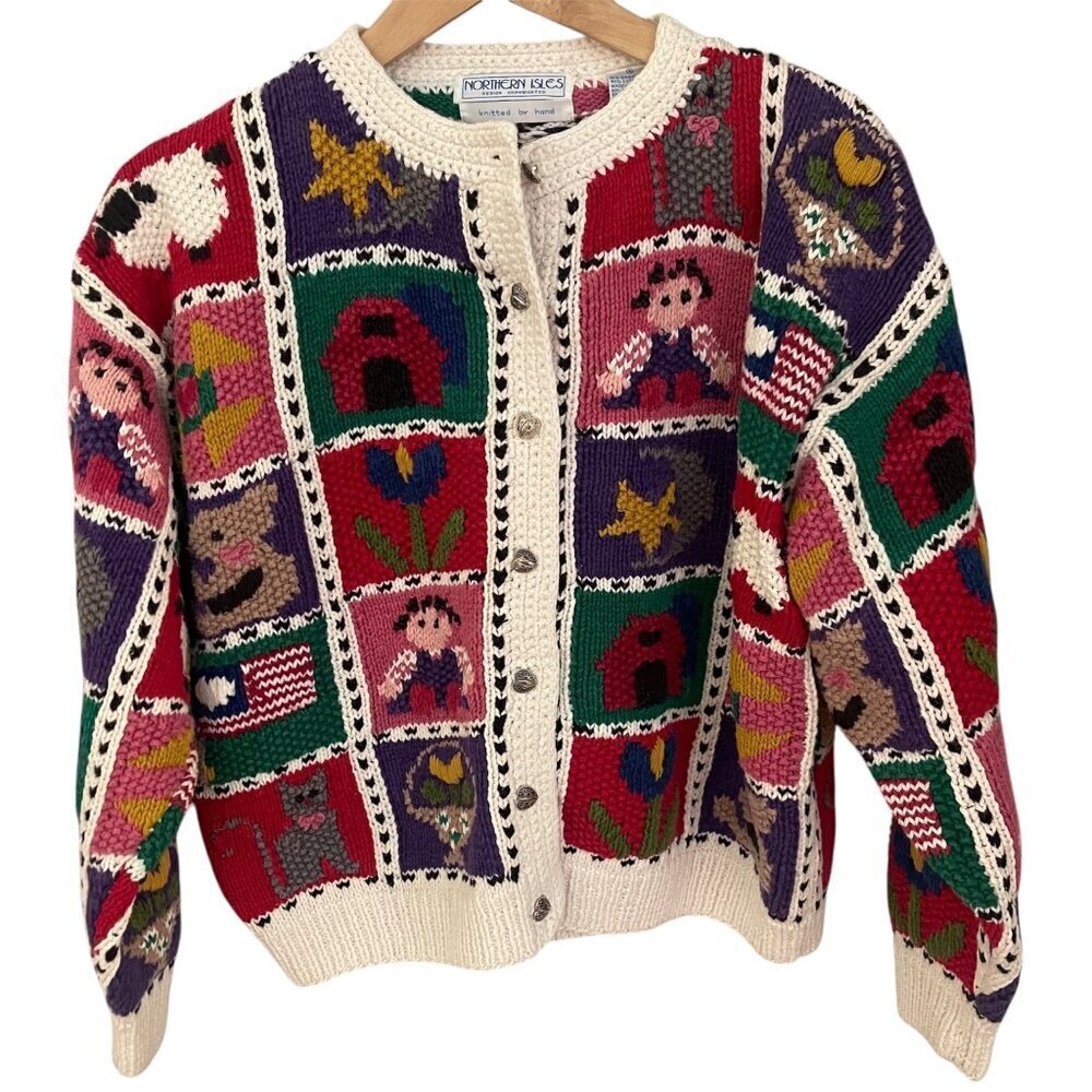 Vtg Northern Isles Hand Knit Cardigan Sweater Sz S Cottagecore Patchwork 90s